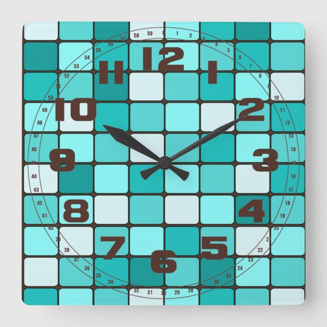 Pretty Turquoise Aqua Teal Mosaic Tile Pattern Square Wall Clock (Front)