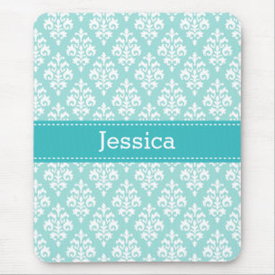 Pretty Turquoise Blue and Mint Damask Pattern Name Mouse Pad
