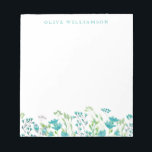 Pretty Turquoise Blue Watercolor Floral with Name Notepad<br><div class="desc">Beautiful watercolor painting of delicate florals in turquoise blue, personalized with your name.</div>