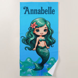 Pretty Turquoise-haired Mermaid Personalize Beach Towel
