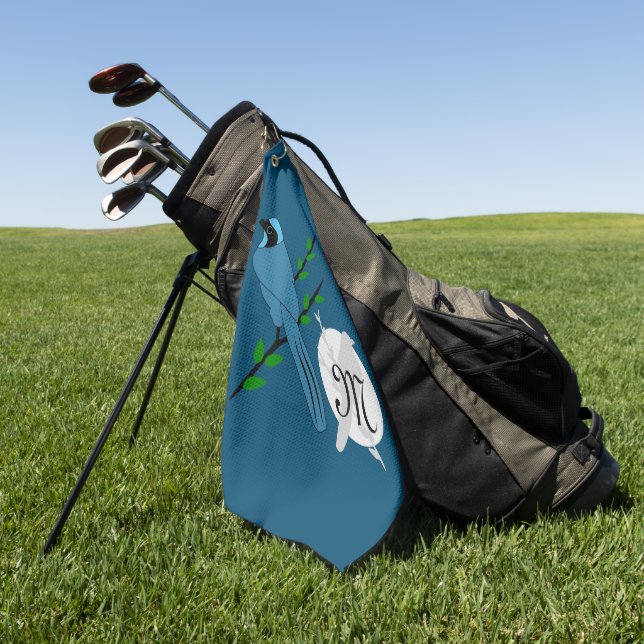 Pretty Turquoise Jay Bird Monogram Golf Towel (Green)