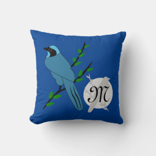 Pretty Turquoise Jay Bird Monogram Throw Pillow