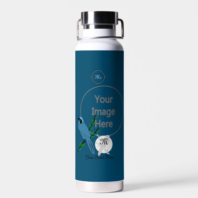 Pretty Turquoise Jay Bird Monogram Water Bottle (Back)