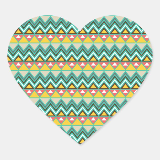 Pretty Turquoise Yellow Pink Native American Print Heart Sticker (Front)