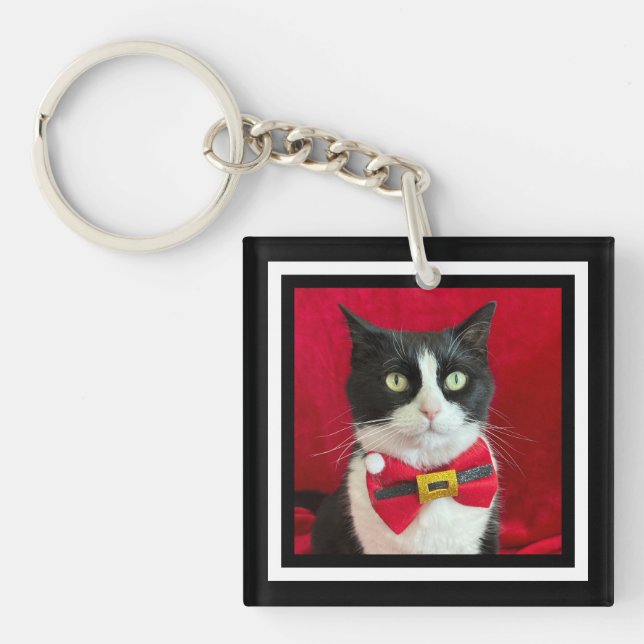 Pretty Tuxedo Cat Christmas  Keychain (Front)