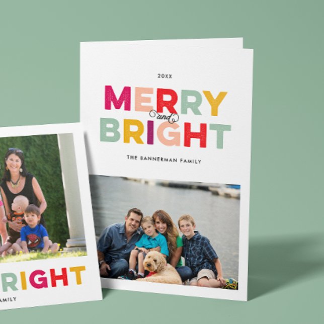 Pretty Type Merry and Bright Folded Holiday Card (folded personalized Christmas holiday greeting card with landscape photo and printed message inside)