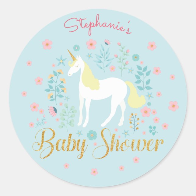 Pretty Unicorn Aqua Gold Glitter Baby Shower Classic Round Sticker (Front)