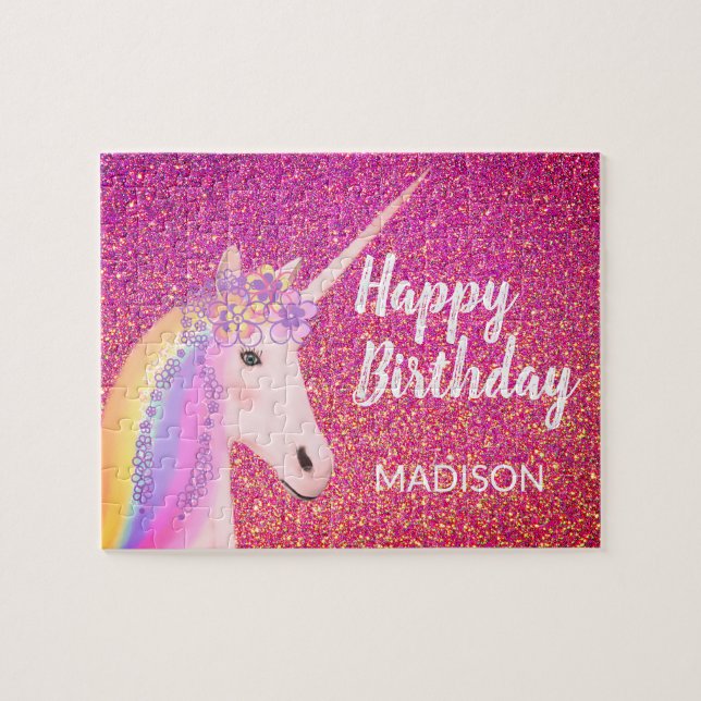 Pretty Unicorn Birthday Pink Glitter Personalized Jigsaw Puzzle (Horizontal)