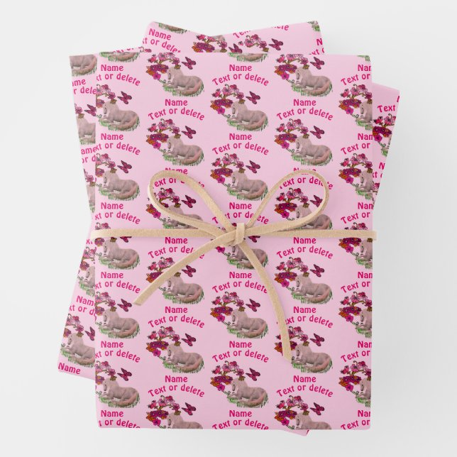 Pretty Unicorn Butterflies Flowers Personalized Wrapping Paper Sheet (In situ)