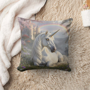 Pretty Unicorn, Castle and Rainbow  Throw Pillow
