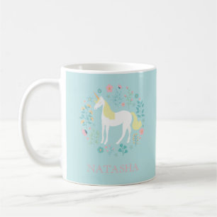 Pretty Unicorn & Flowers Aqua Personalized Coffee Mug