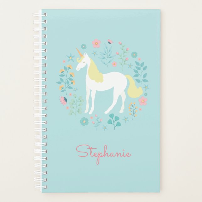 Pretty Unicorn & Flowers Aqua Personalized Planner (Front)