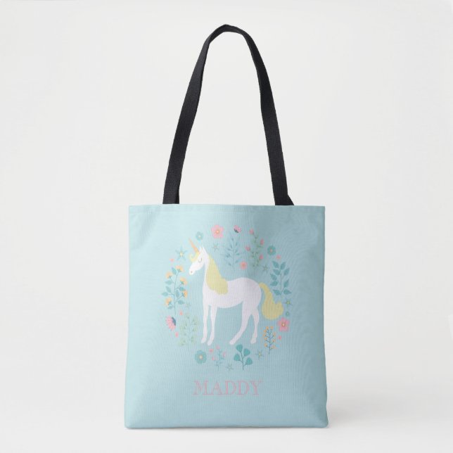 Pretty Unicorn & Flowers Aqua Personalized Tote Bag (Front)