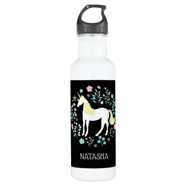 Pretty Unicorn & Flowers Black Personalized 710 Ml Water Bottle (Front)
