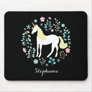 Pretty Unicorn & Flowers Black Personalized Mouse Pad