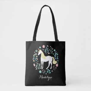 Pretty Unicorn & Flowers Black Personalized Tote Bag