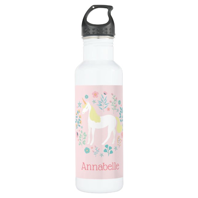 Pretty Unicorn & Flowers Blush Pink Personalized 710 Ml Water Bottle (Front)