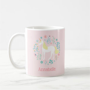 Pretty Unicorn & Flowers Blush Pink Personalized Coffee Mug