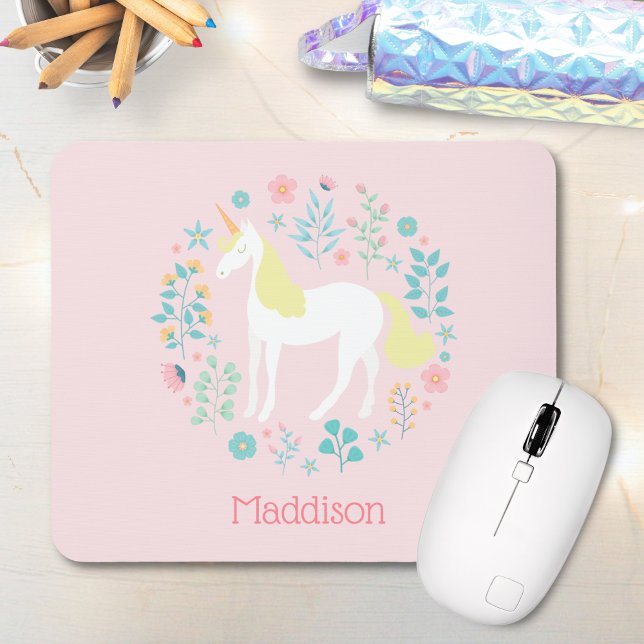 Pretty Unicorn & Flowers Blush Pink Personalized Mouse Pad (Creator Uploaded)