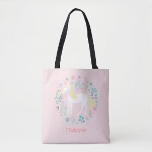 Pretty Unicorn & Flowers Blush Pink Personalized Tote Bag