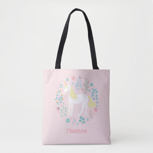 Pretty Unicorn & Flowers Blush Pink Personalized Tote Bag (Front)