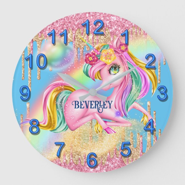 Pretty unicorn girly room decor DIY NAME Large Clock (Front)