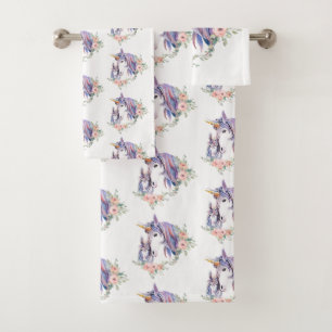 Pretty Unicorn Mom & Baby Watercolor Floral Bath Towel Set