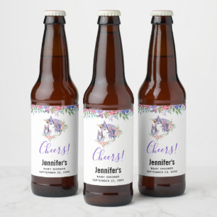 Pretty Unicorn Mom & Baby Watercolor Floral Cheers Beer Bottle Label