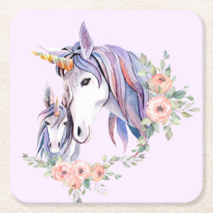 Pretty Unicorn Mom & Baby Watercolor Floral Square Paper Coaster
