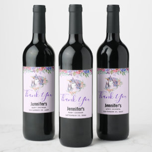 Pretty Unicorn Mom & Baby Watercolor Floral Thanks Wine Label