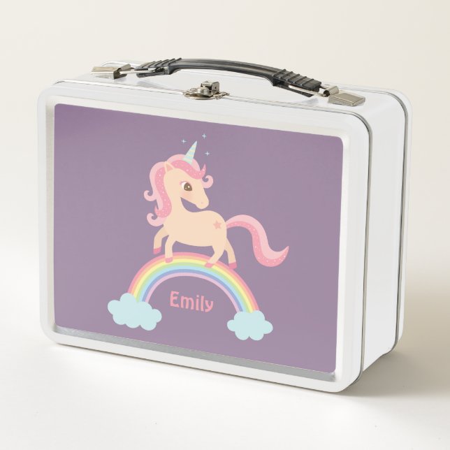 Pretty Unicorn on Rainbow Girls Personalized Metal Lunch Box (Front)