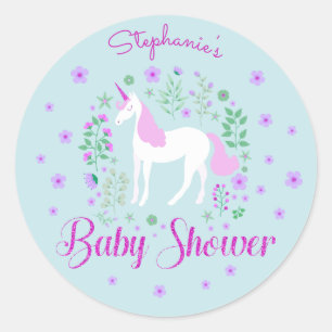 Pretty Unicorn Pink Aqua Baby Shower Personalized Classic Round Sticker
