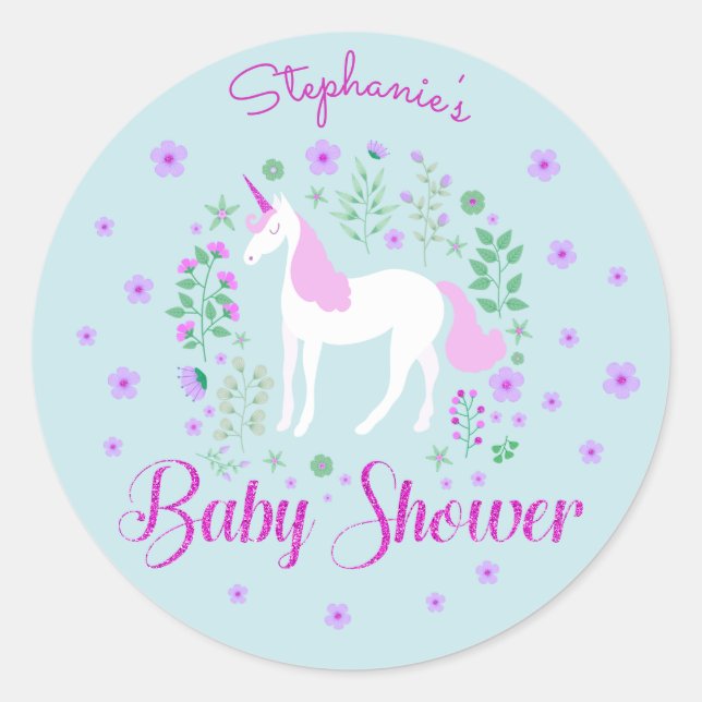 Pretty Unicorn Pink Aqua Baby Shower Personalized Classic Round Sticker (Front)