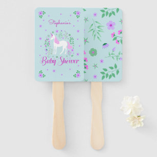 Pretty Unicorn Pink Aqua Baby Shower Personalized Hand Fan