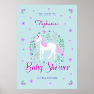 Pretty Unicorn Pink Aqua Baby Shower Personalized Poster