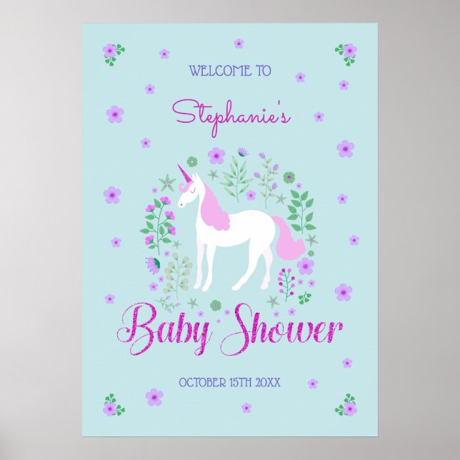Pretty Unicorn Pink Aqua Baby Shower Personalized Poster (Front)