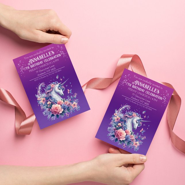 Pretty Unicorn Pink Purple Ombre Girls Birthday  Invitation (Creator Uploaded)