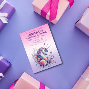 Pretty Unicorn Pink Purple Ombre Girls Birthday Invitation