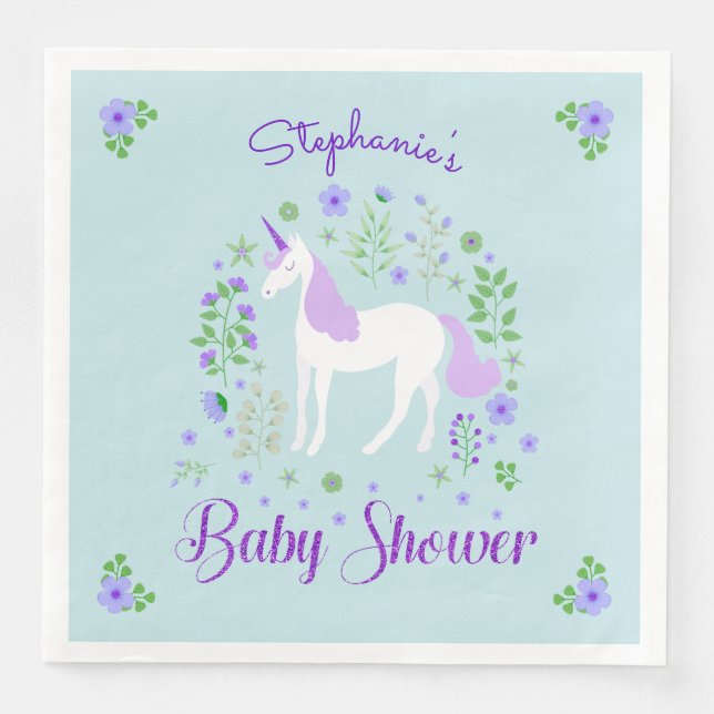 Pretty Unicorn Purple Aqua Baby Shower Customized Napkin (Front)
