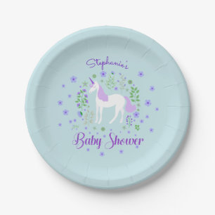 Pretty Unicorn PurpleAqua Baby Shower Personalized Paper Plate