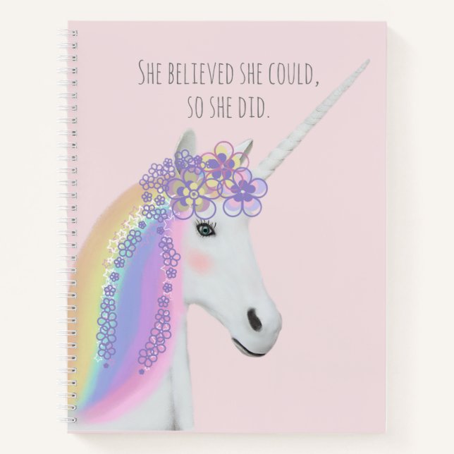 Pretty Unicorn Rainbow Blush Pink Rose Floral Notebook (Front)