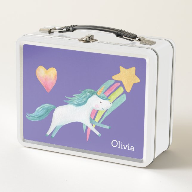 Pretty Unicorn Rainbow Star Kids Personalized Metal Lunch Box (Front)