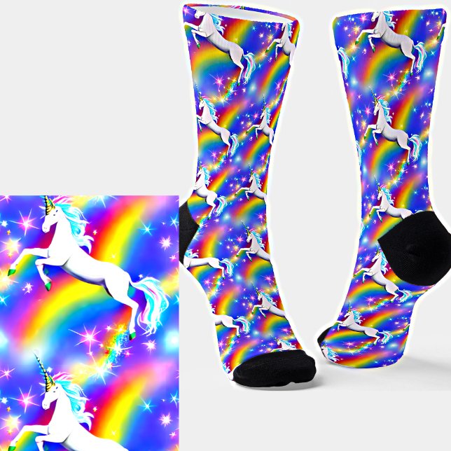Pretty Unicorn with Rainbow & Stars  in Blue Sky Socks (Creator Uploaded)