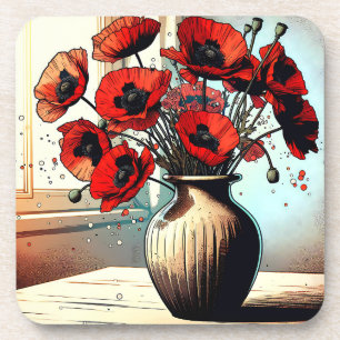 Pretty Vase of Red Poppies ai art Coaster