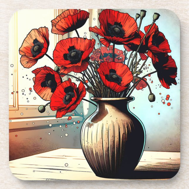 Pretty Vase of Red Poppies ai art Coaster (Front)