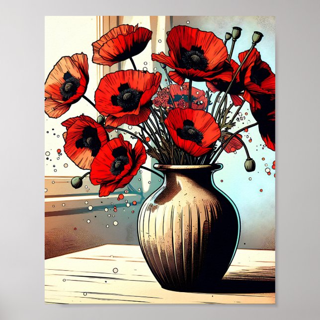Pretty Vase of Red Poppies Poster (Front)