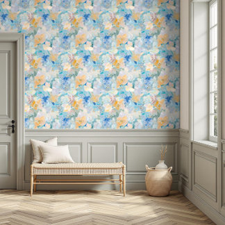 Pretty Vibrant Floral Watercolor Blue & Yellow Wallpaper