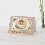 Pretty Victorian Lady Floral 90th Birthday Card<br><div class="desc">A Portrait of a Pretty Victorian lady wearing a soft blue dress surrounded by dainty flowers. Greeting: Happy 90th Birthday. Image of a Victorian Trade Card on a beige background.</div>