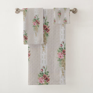 Pretty Victorian Pink Roses and White Lace Bath Towel Set