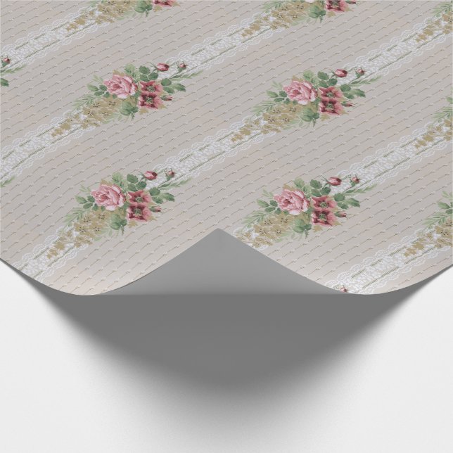 Pretty Victorian Pink Roses and White Lace Wrapping Paper (Corner)